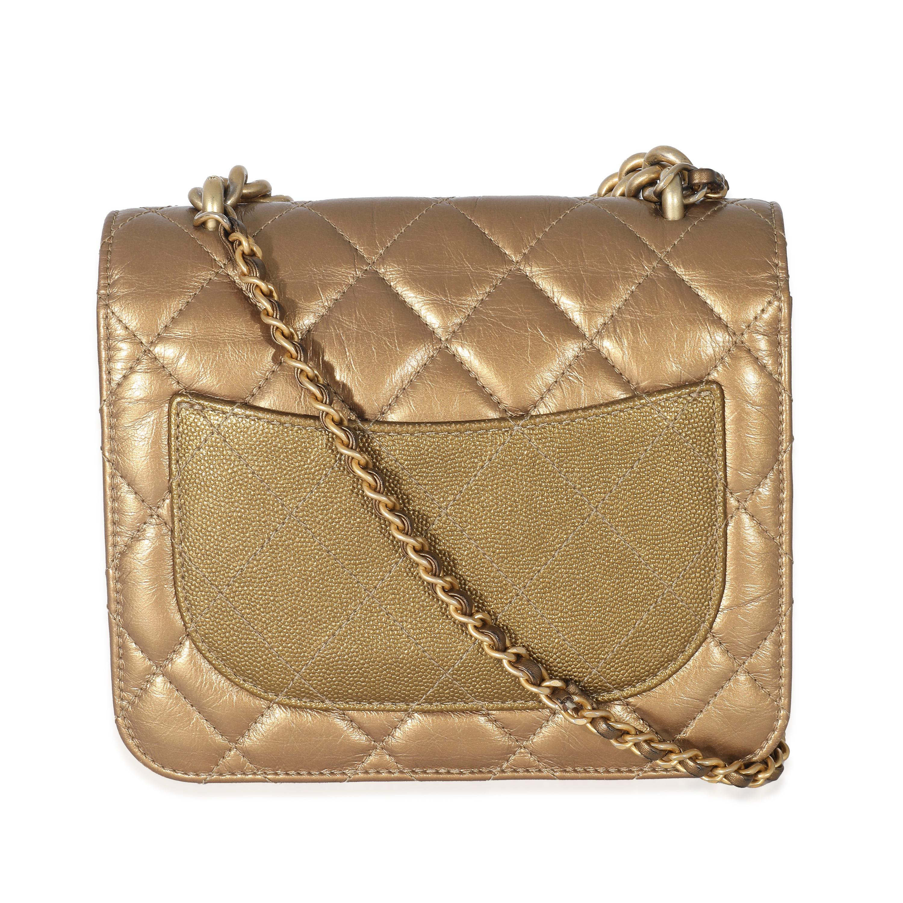 Chanel Gold Metallic Leather Mini Chain Handle Flap Bag In Excellent Condition In New York, NY