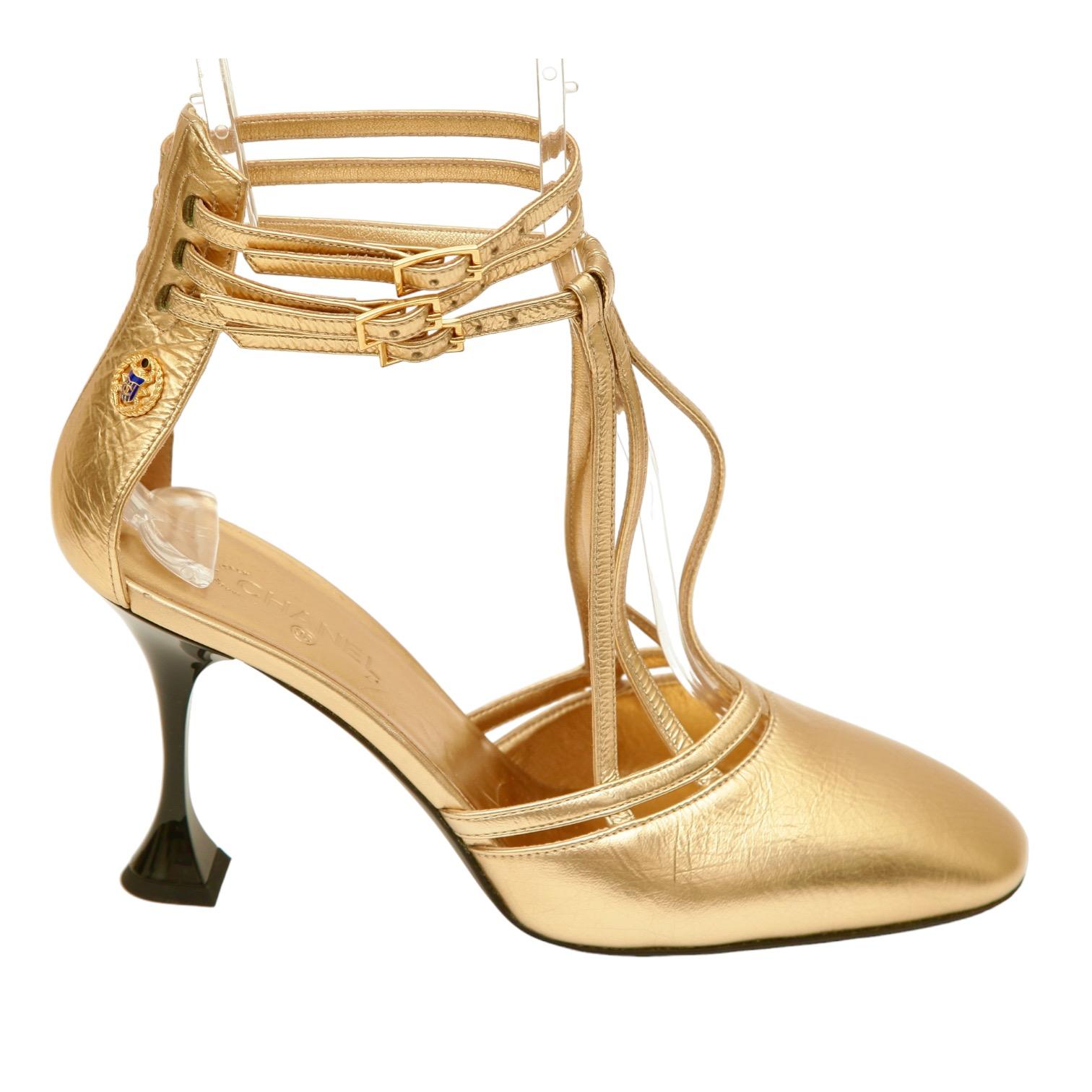 Women's CHANEL Gold Metallic Pump Heels T-Strap CC Logo Multistrap Buckles 38C 2019 NEW