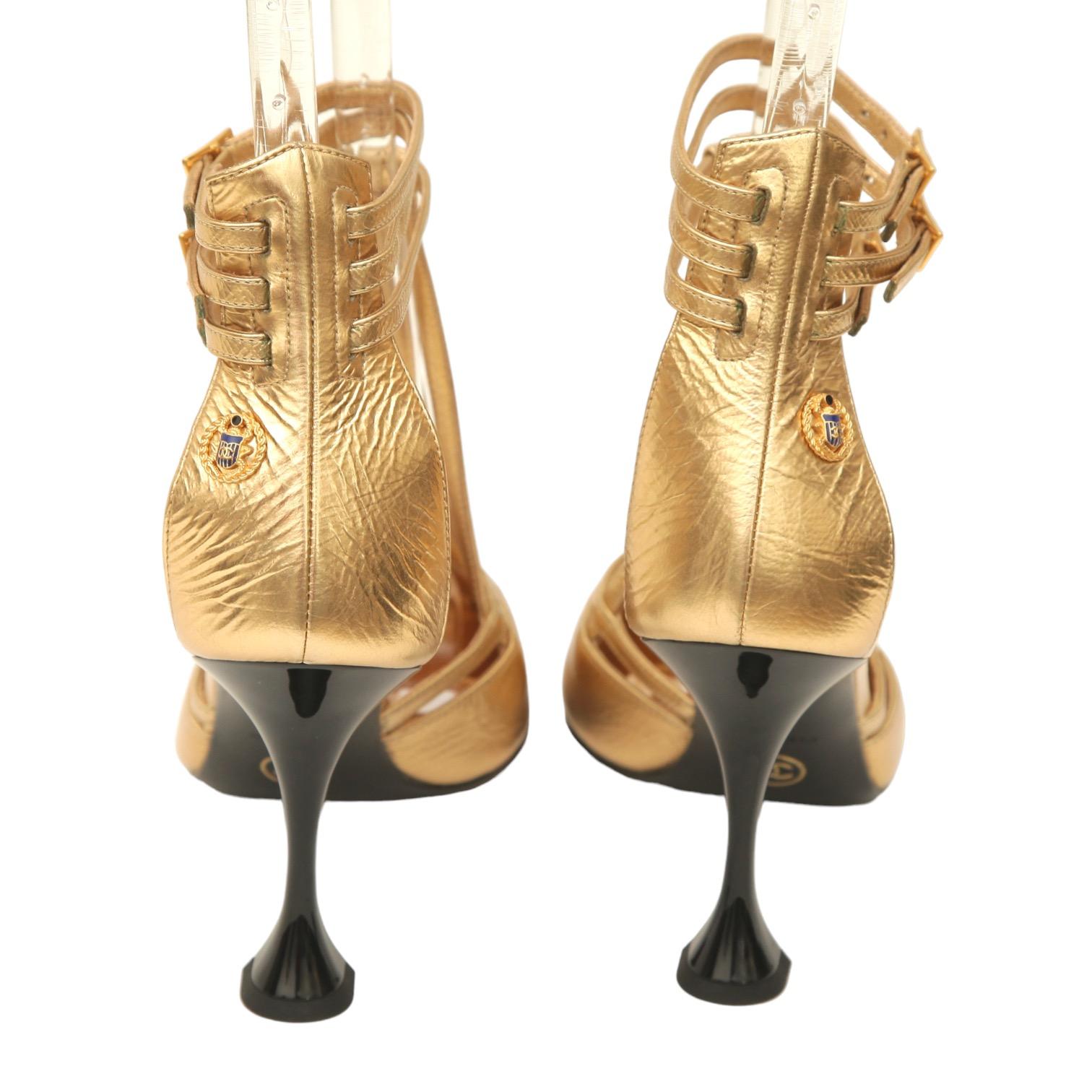 CHANEL Gold Metallic Pump Heels T-Strap CC Logo Multistrap Buckles 38C 2019 NEW 2