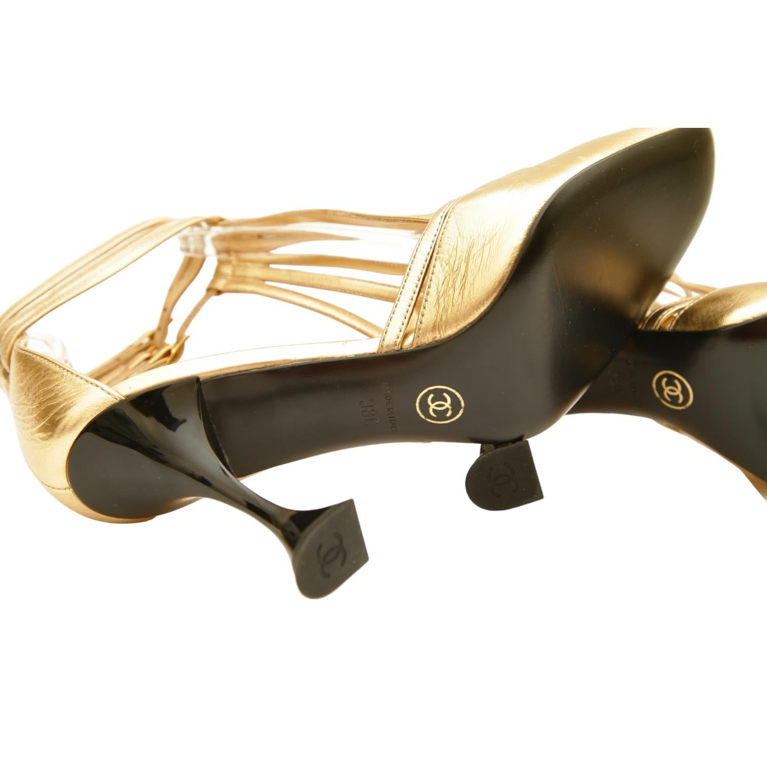 CHANEL Gold Metallic Pump Heels T-Strap CC Logo Multistrap Buckles 38C 2019 NEW 4