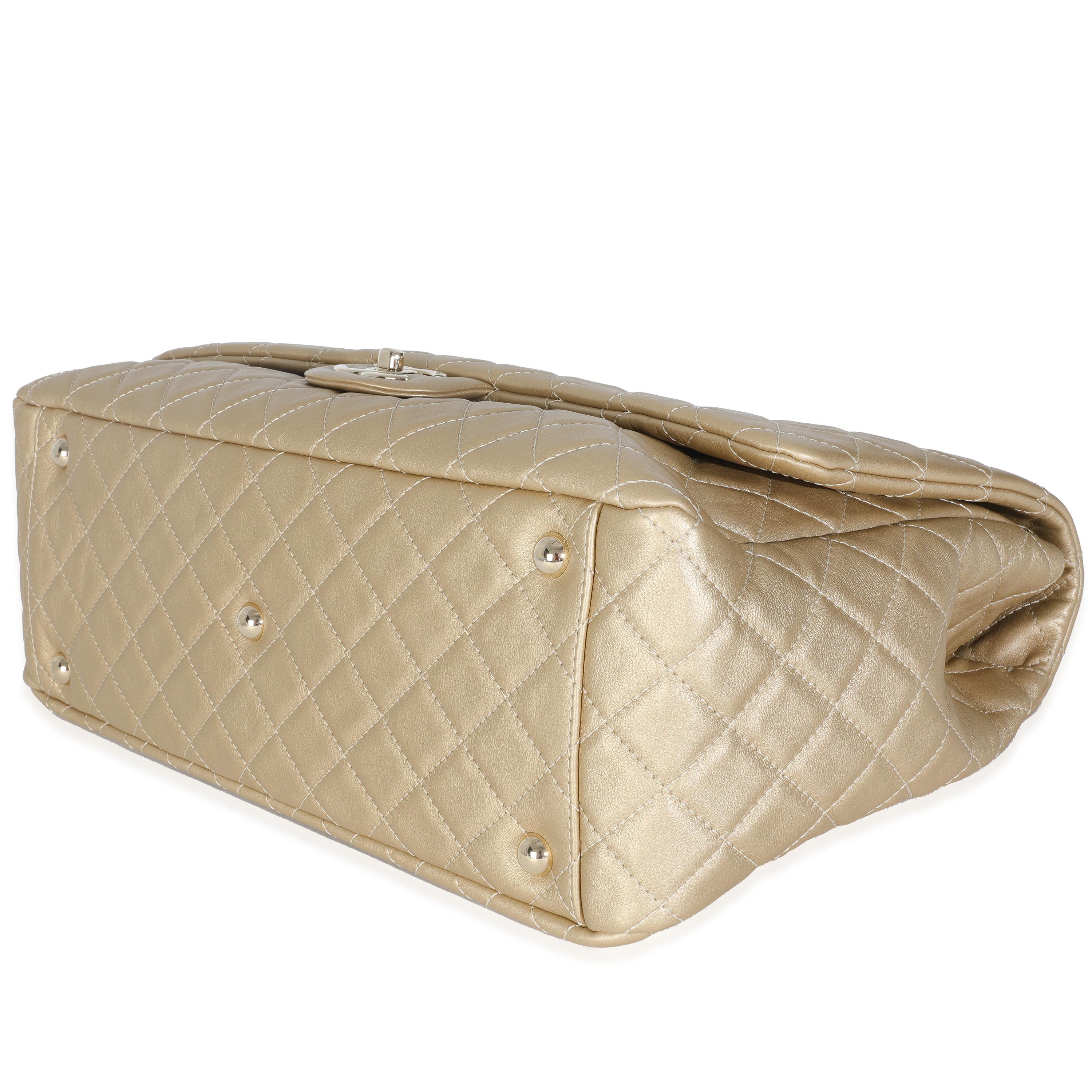 Chanel Gold Metallic Calfskin Airlines Quilted XXL Travel Flap Bag Pour femmes en vente