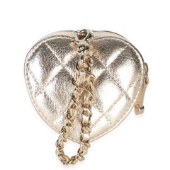 Chanel Gold Metallic Quilted Lambskin CC Mini In Love Heart Bag Charm
