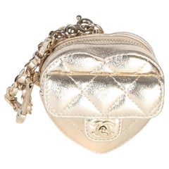 Chanel Gold Metallic Quilted Lambskin CC Mini In Love Heart Bag Charm