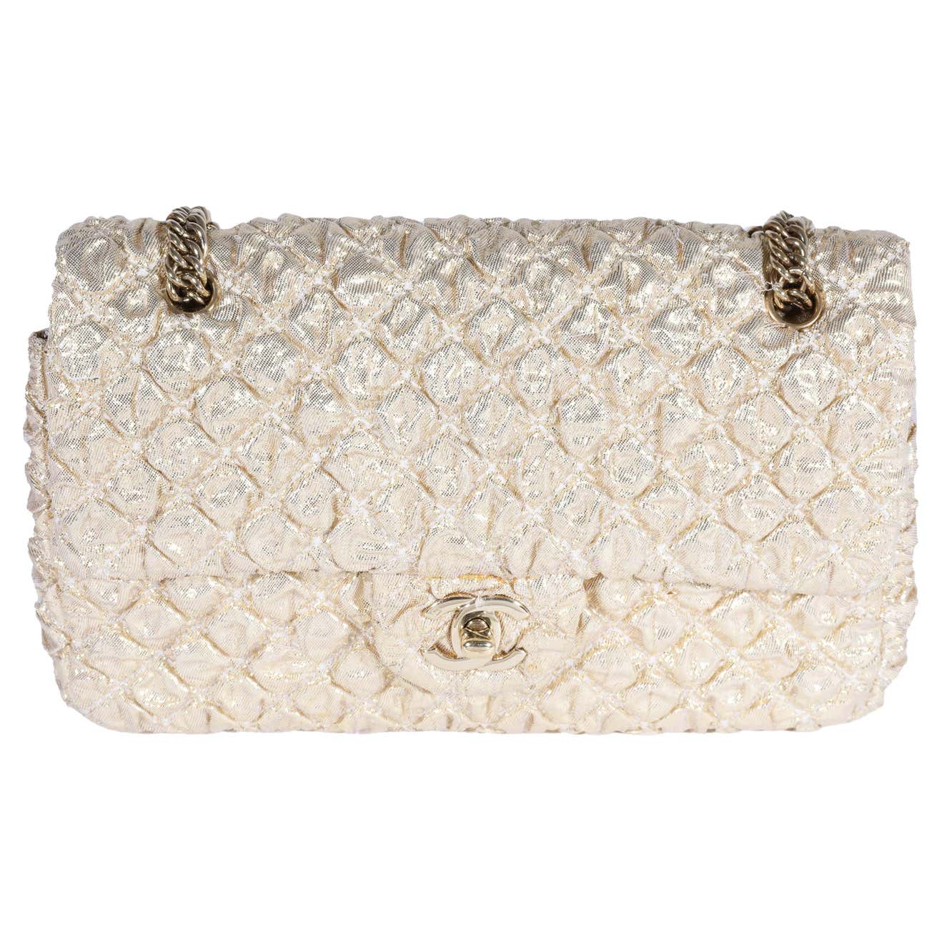 Chanel Gold Metallic Quilted Lamé Flap Bag For Sale at 1stDibs