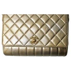 Chanel Gold Metallic Quilted Leather Shoulder Flap Bag circa 1991