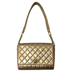Chanel Gold Metallic Quilted Leather Shoulder Flap Bag circa 1991