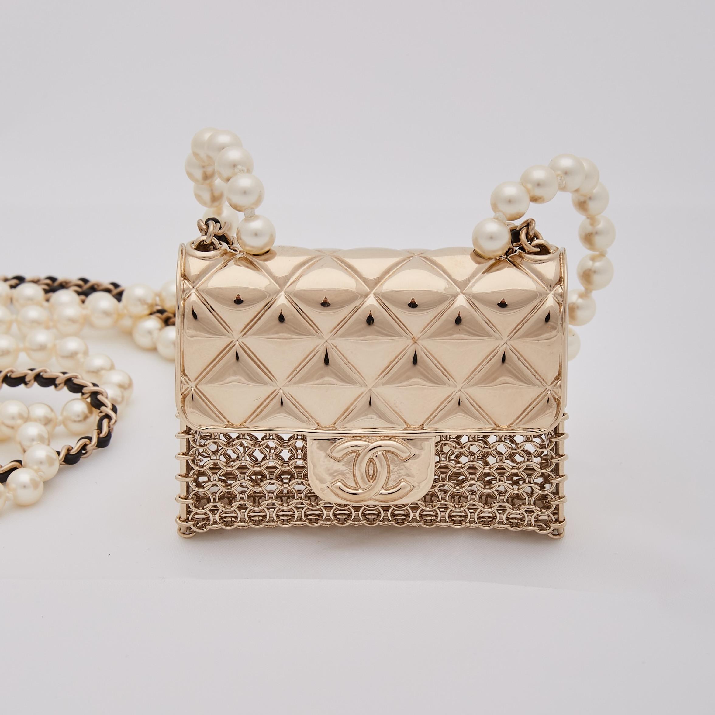 Women's Chanel Gold Micro Flap Bag Pendant Pearls Long Crossbody Necklace For Sale