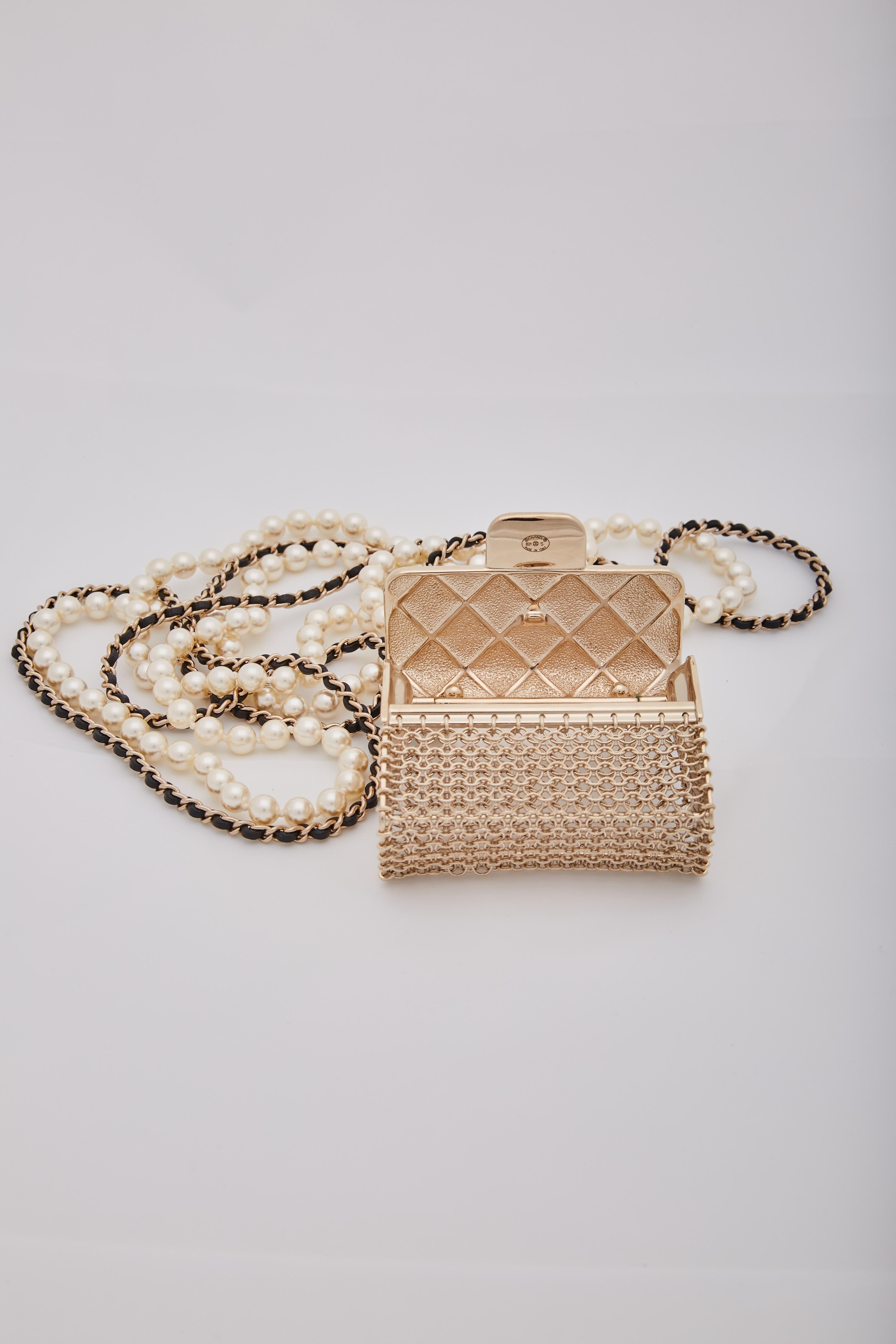 Chanel Gold Micro Flap Bag Pendant Pearls Long Crossbody Necklace For Sale 4