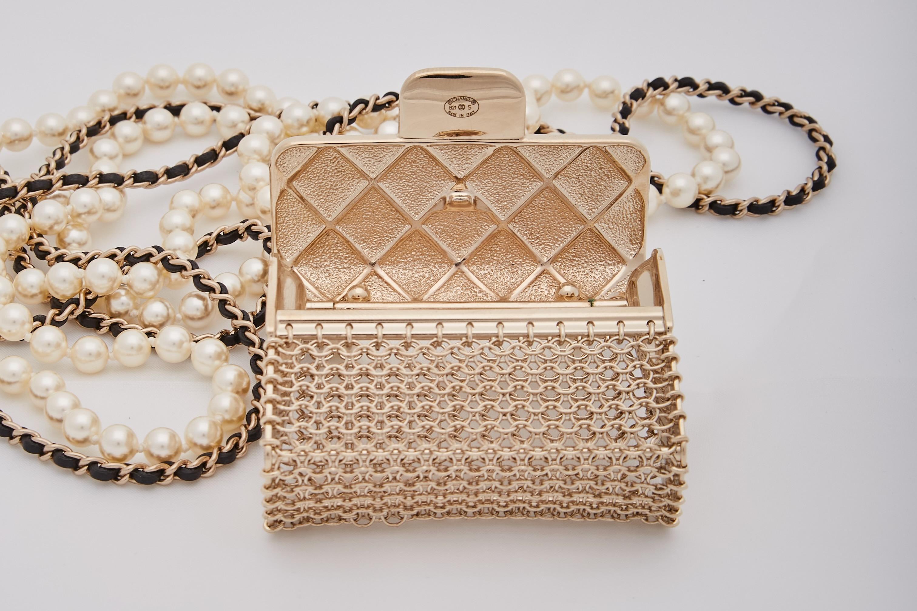 Chanel Gold Micro Flap Bag Pendant Pearls Long Crossbody Necklace For Sale 5