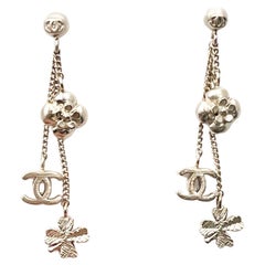 Chanel Gold Mini Motif Camellia Clover CC Dangle Piercing Earrings 