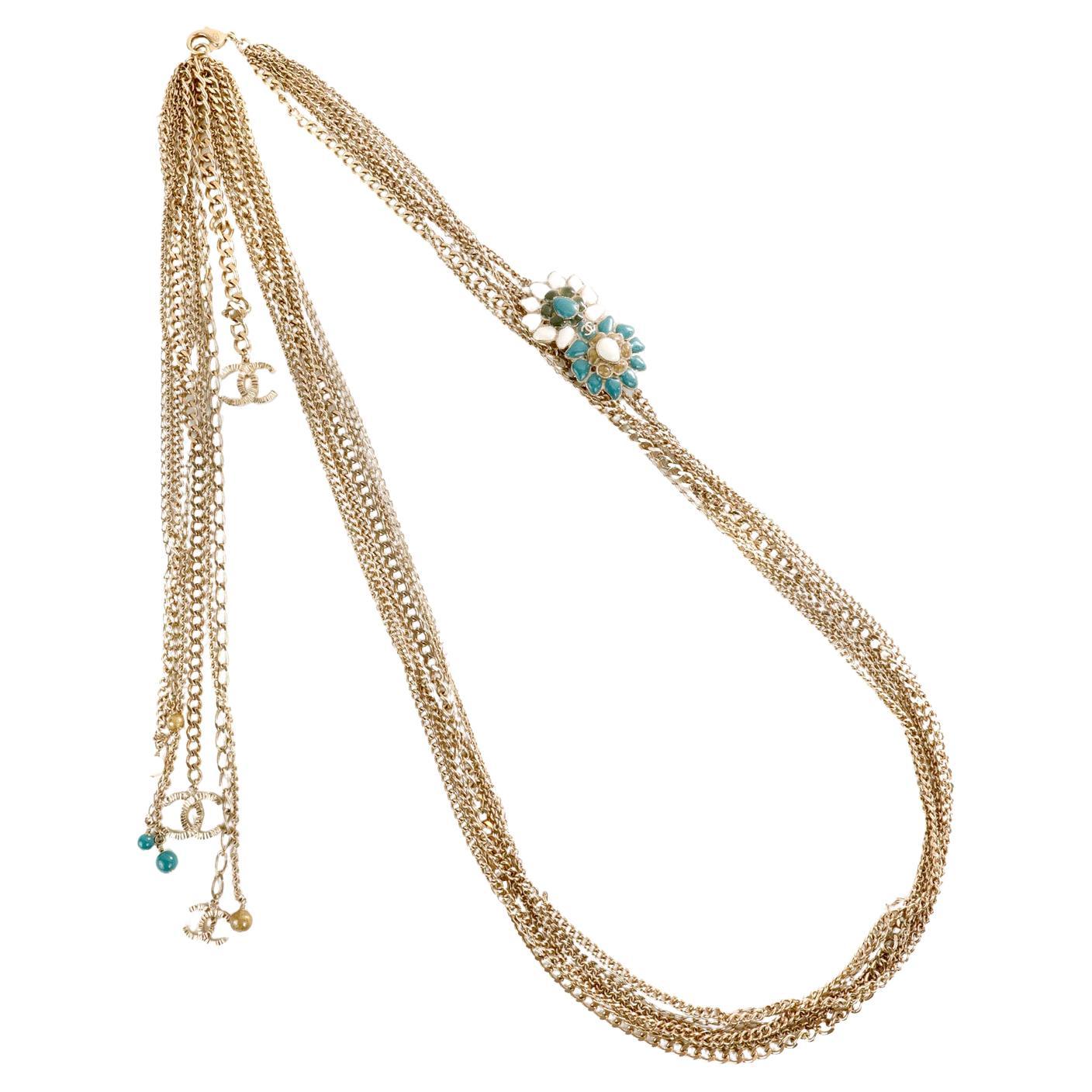 Chanel Gold Multi Chain Camellia Flower Runway Necklace