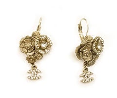 Chanel Gold Multi Flower Crystal CC Dangle Lever Back Earrings