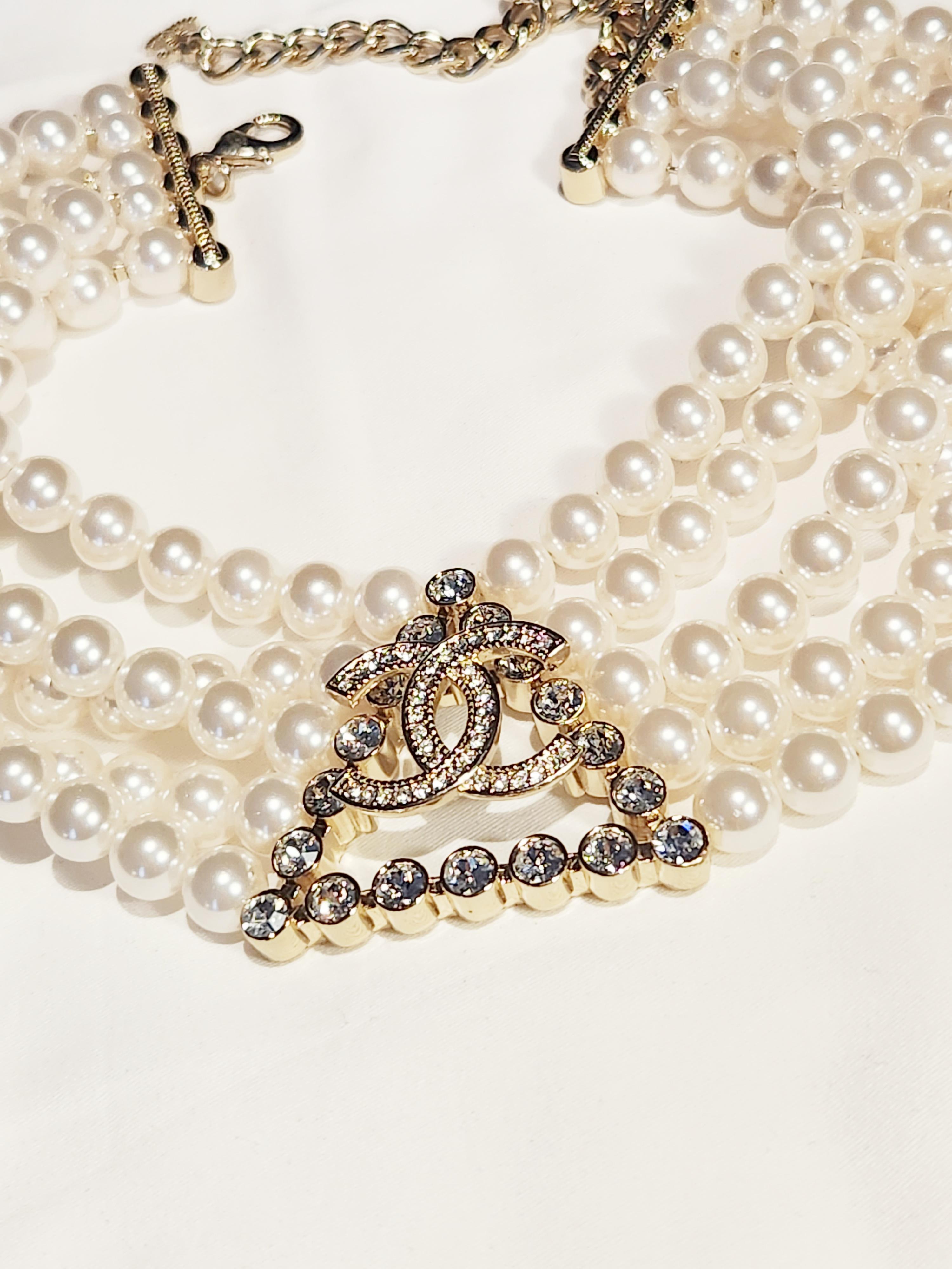 Contemporary Chanel Gold Multi Layer Pearl CC Logo Triangle Chain Choker Necklace For Sale