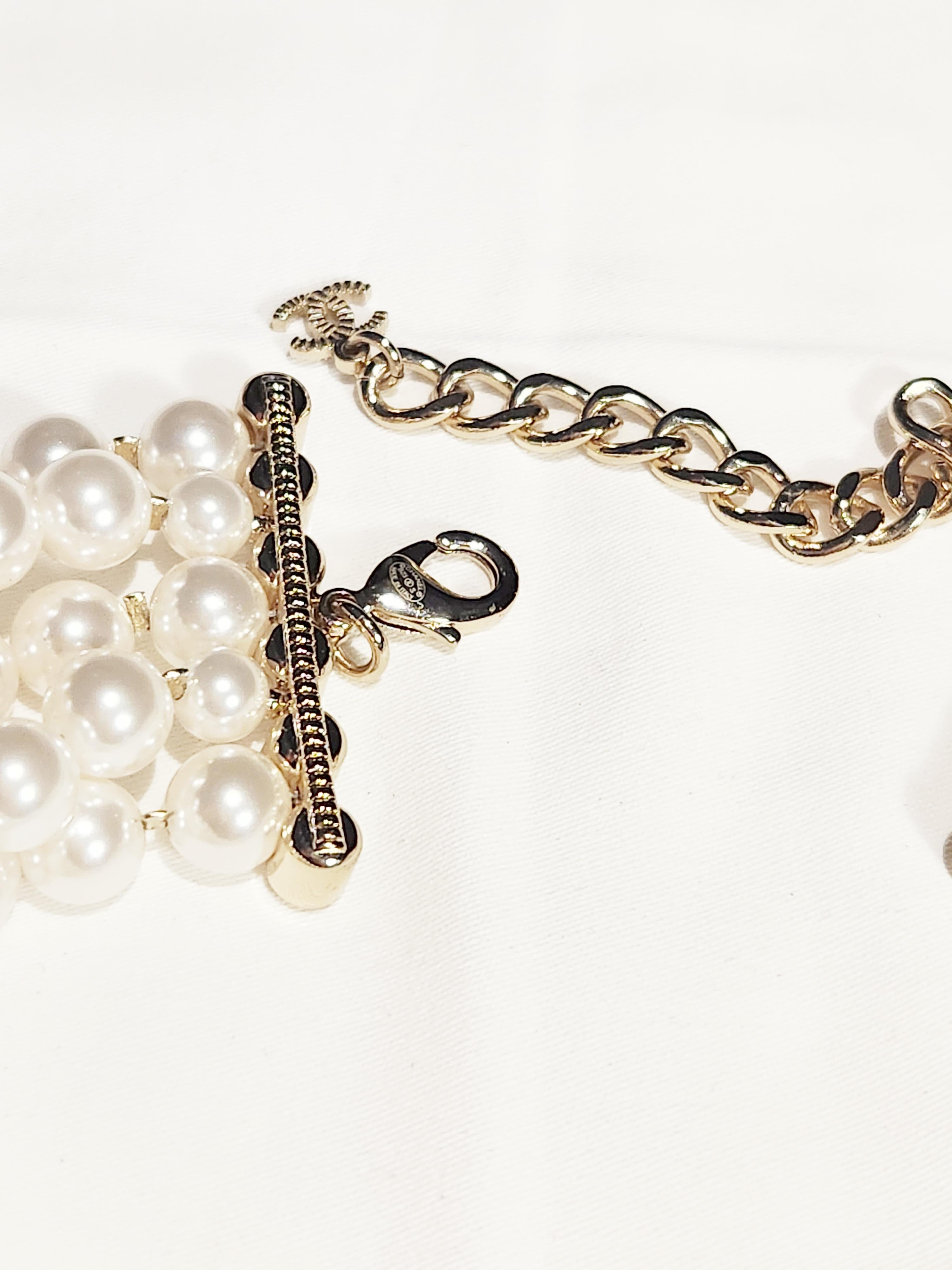 Women's Chanel Gold Multi Layer Pearl CC Logo Triangle Chain Choker Necklace For Sale