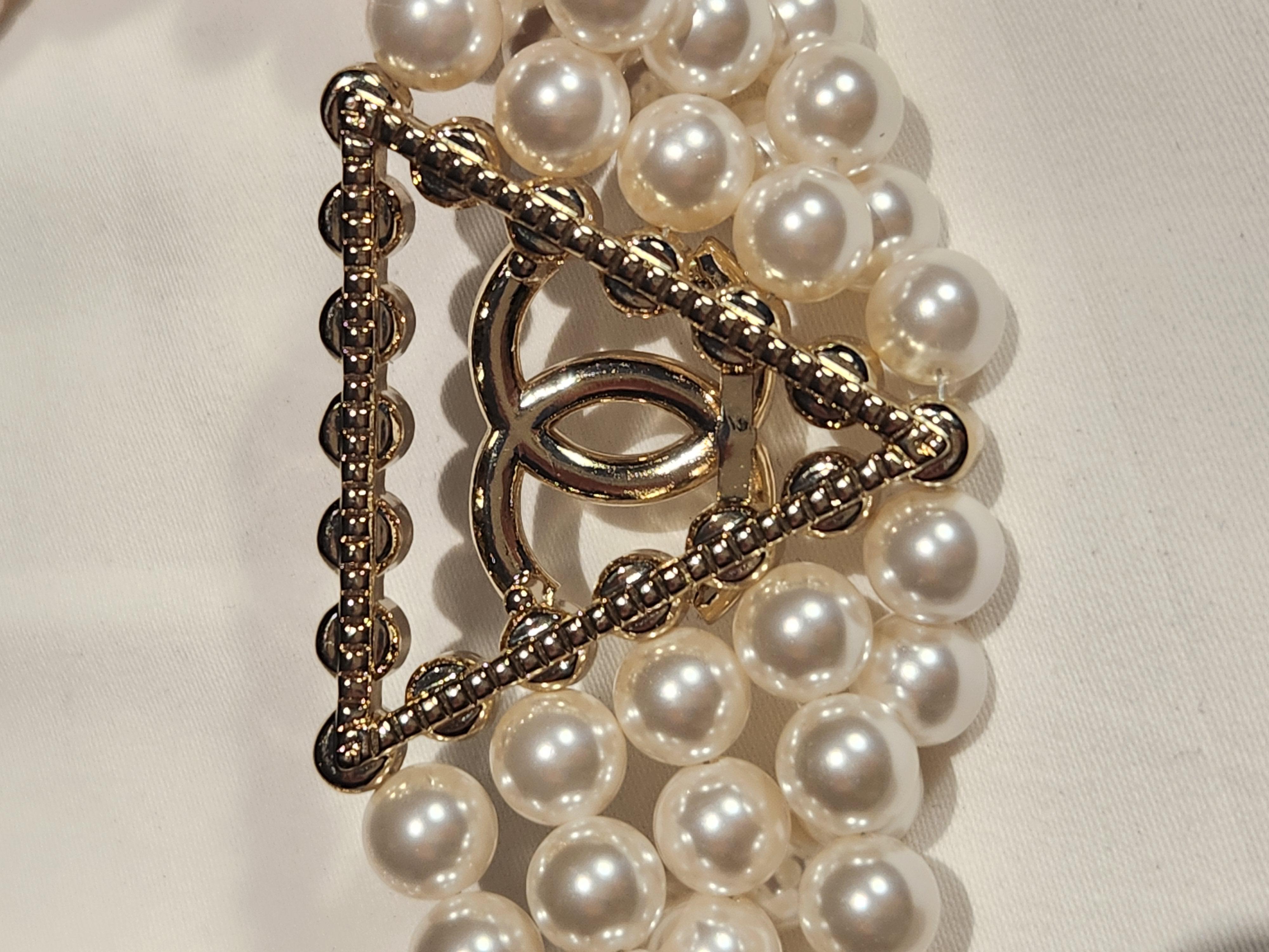 Chanel Gold Multi Layer Pearl CC Logo Triangle Chain Choker Necklace For Sale 2