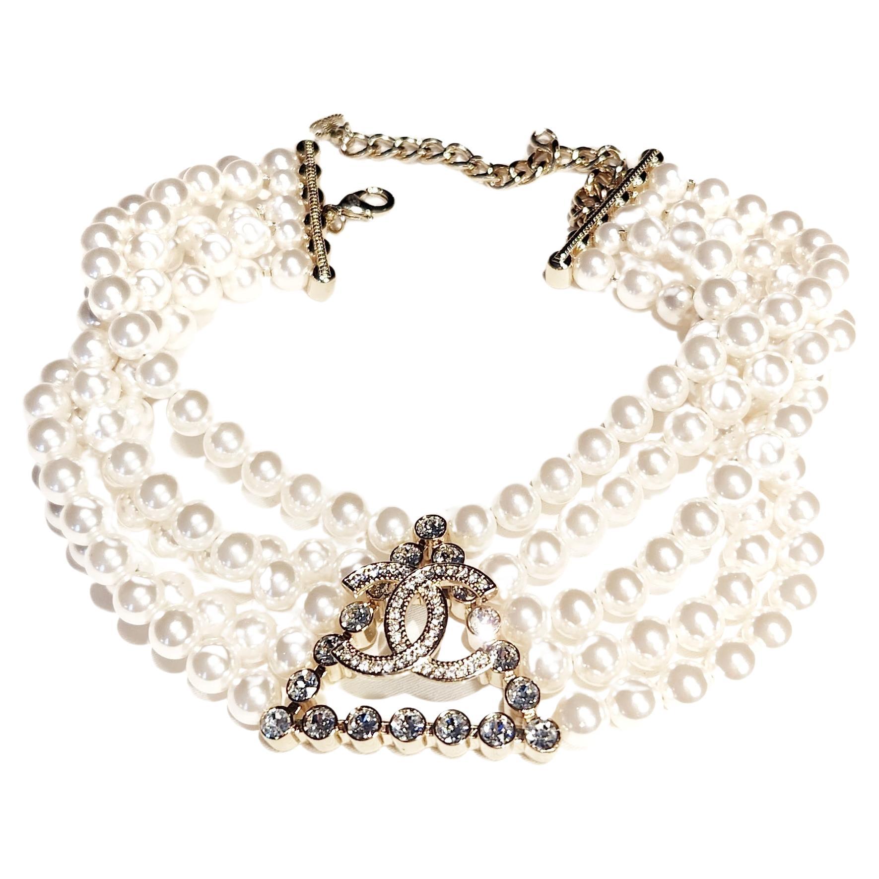 Chanel Gold Multi Layer Pearl CC Logo Triangle Chain Choker Necklace For Sale
