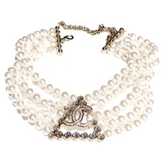 Chanel Gold Multi Layer Pearl CC Logo Triangle Chain Choker Necklace