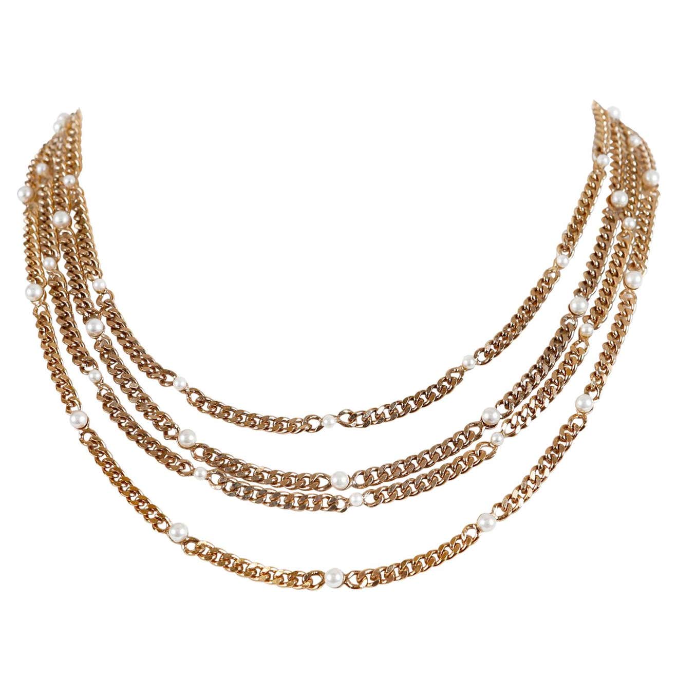 Channel Chain Chanel Gold Multi Layered Chain and Pearl Necklace For Sale at 1stDibs
