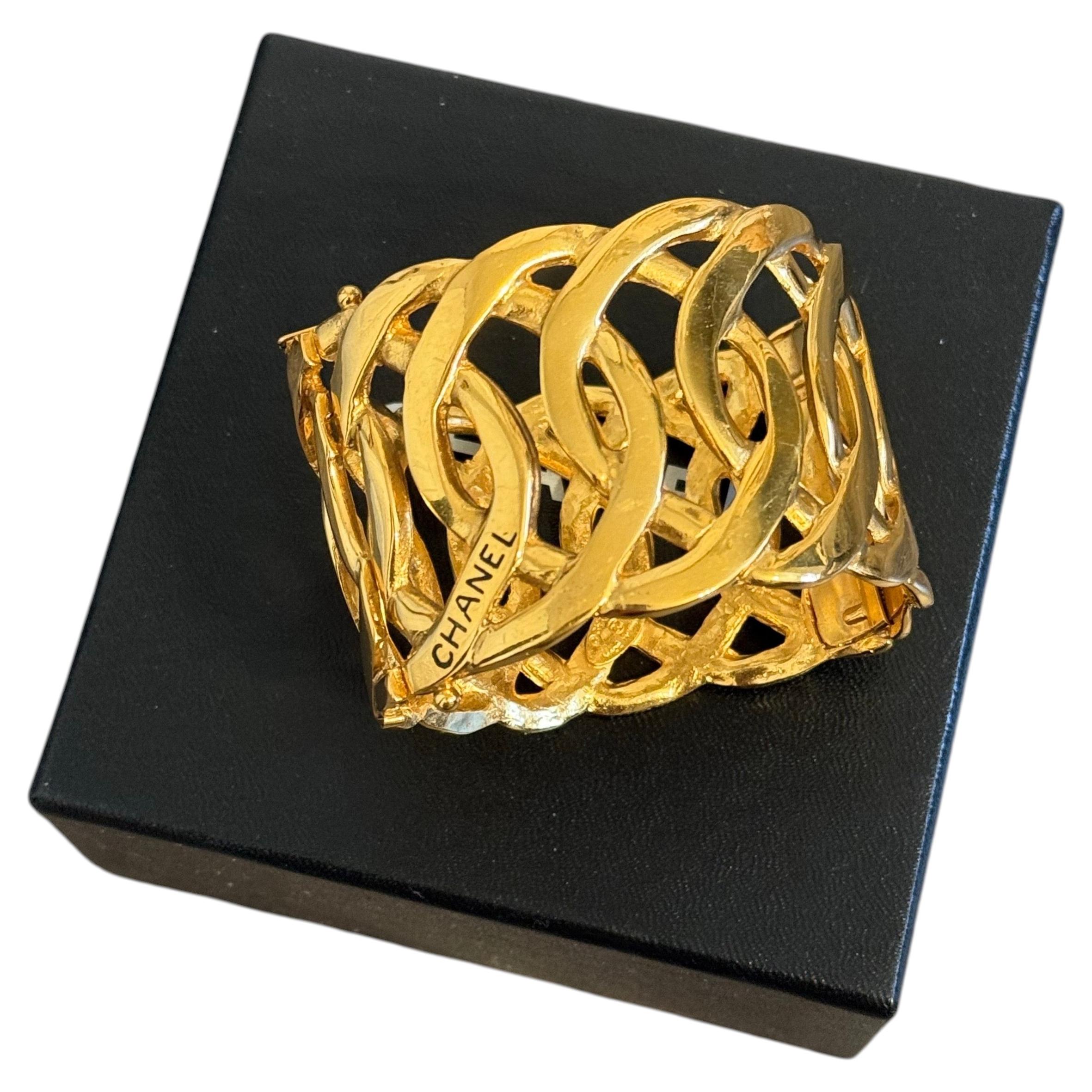 Chanel Gold Openwork "CHANEL" Chain Link Cuff Vintage Bracelet