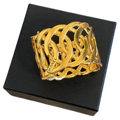 Chanel Gold Openwork "CHANEL" Chain Link Cuff Vintage Bracelet