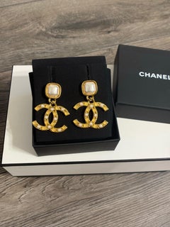 Chanel Gold Oversized Faux Pearl Stones CC Dangle Earrings