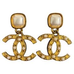 Antique Chanel Gold Oversized Faux Pearl Stones CC Dangle Earrings