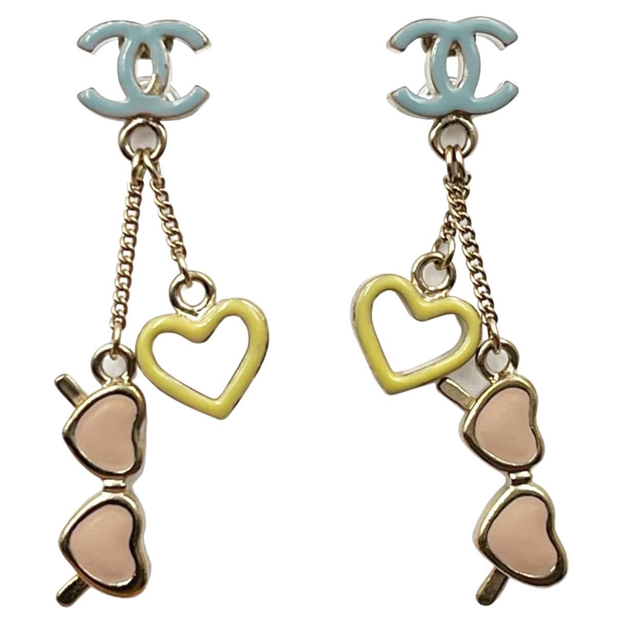Chanel Gold Pastel Blue CC Yellow Heart Pink Sunglasses Dangling Earrings For Sale