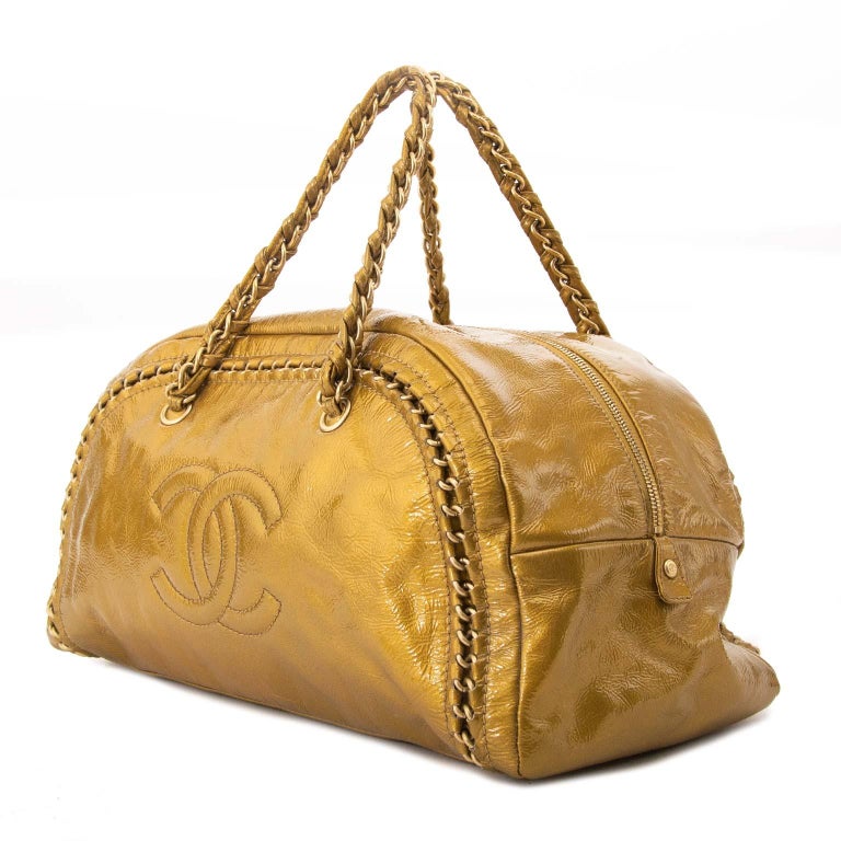 Chanel Gold Patent Leather Bowling Bag For Sale at 1stDibs bowling bag purse, chanel bowling bag