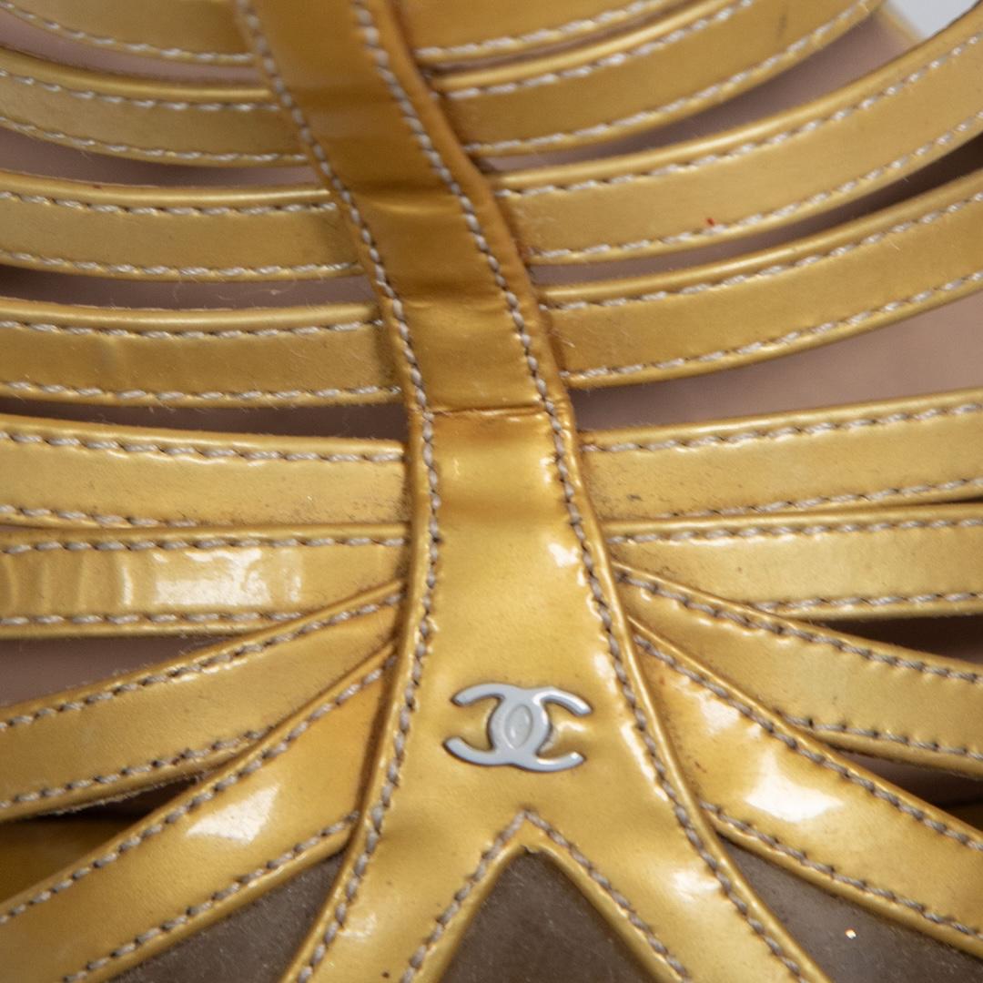 Chanel Gold Patent Leather Cage Heels Size IT 39.5 For Sale 1