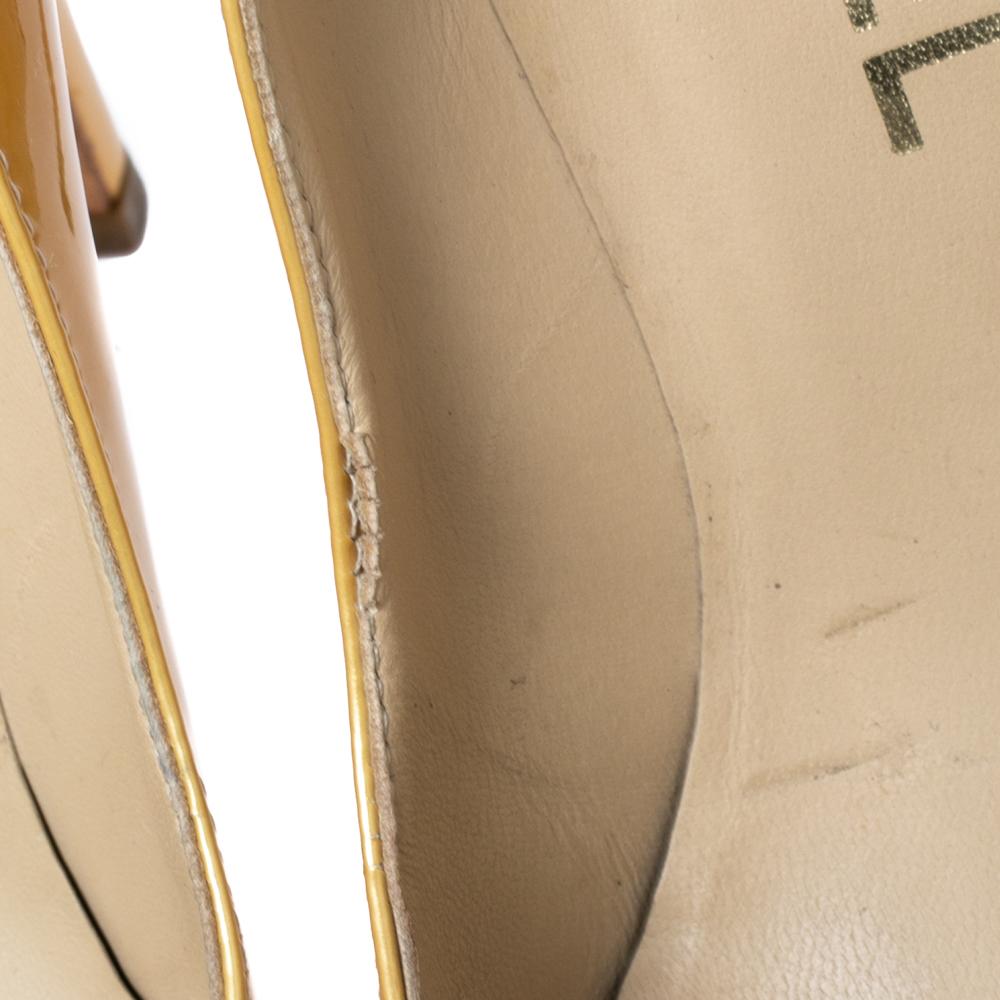 Women's Chanel Gold Patent Leather CC Peep Toe Pumps Size 36.5 For Sale