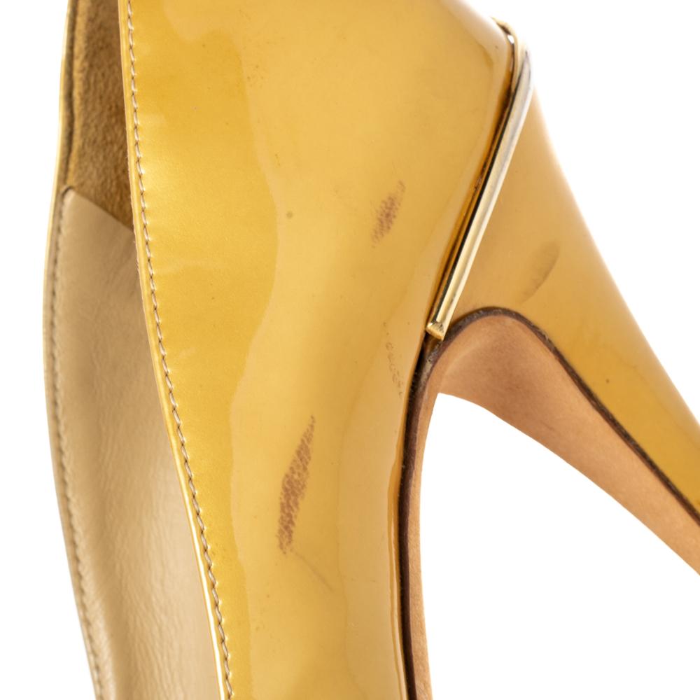 Chanel Gold Patent Leather CC Peep Toe Pumps Size 36.5 For Sale 1