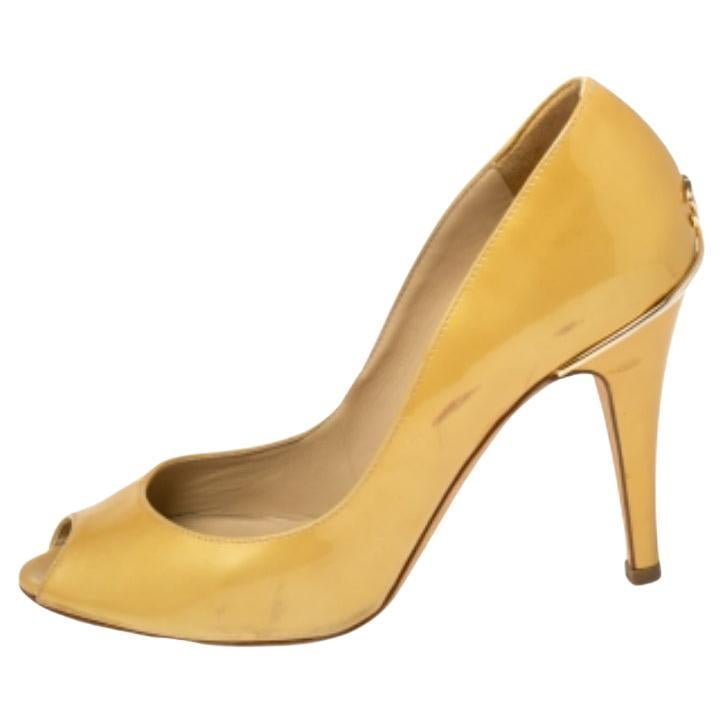 Chanel Gold Patent Leather CC Peep Toe Pumps Size 36.5