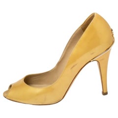 Chanel Gold Patent Leather CC Peep Toe Pumps Size 36.5