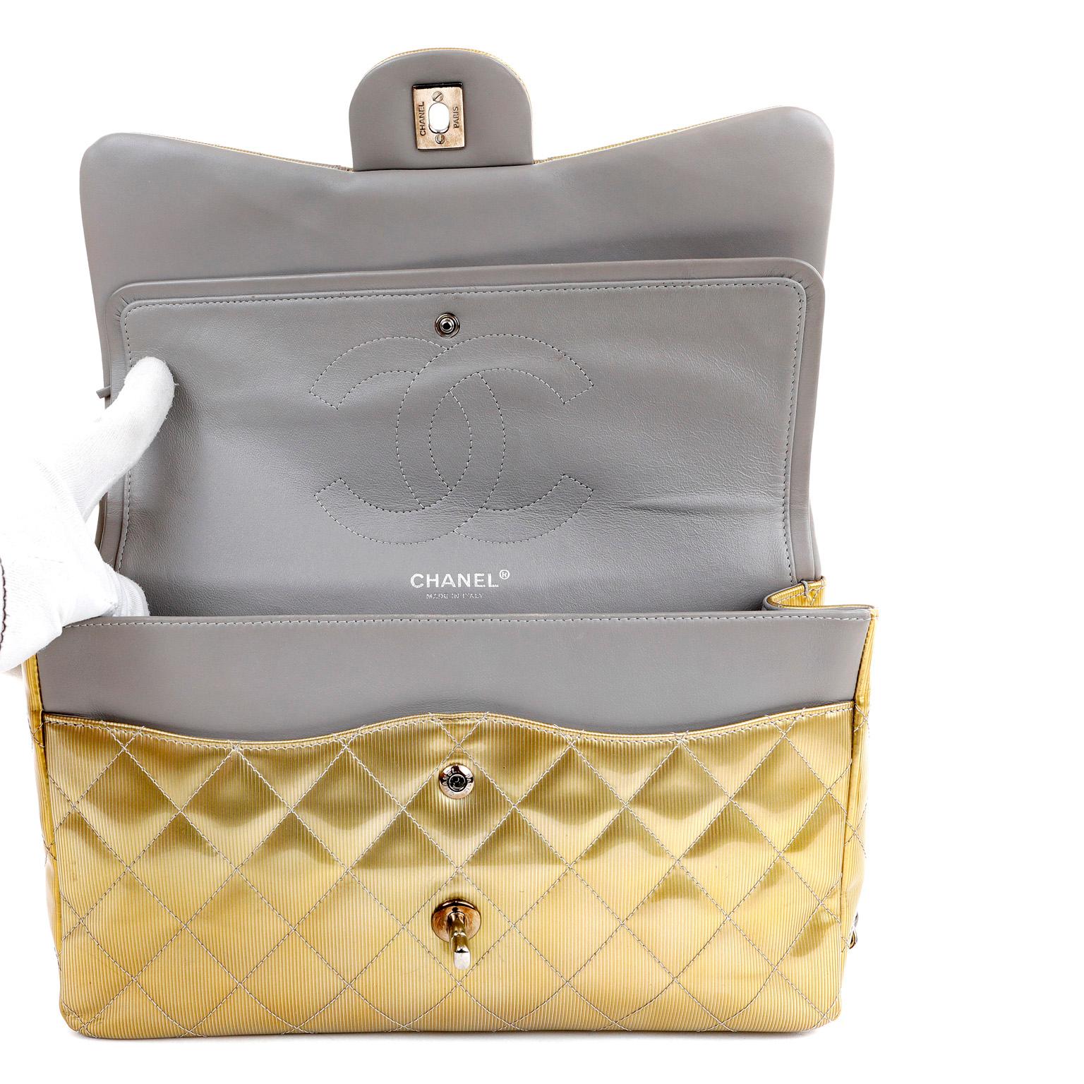 Chanel Gold Patent Leather Jumbo Classic Flap Bag In Excellent Condition For Sale In Palm Beach, FL
