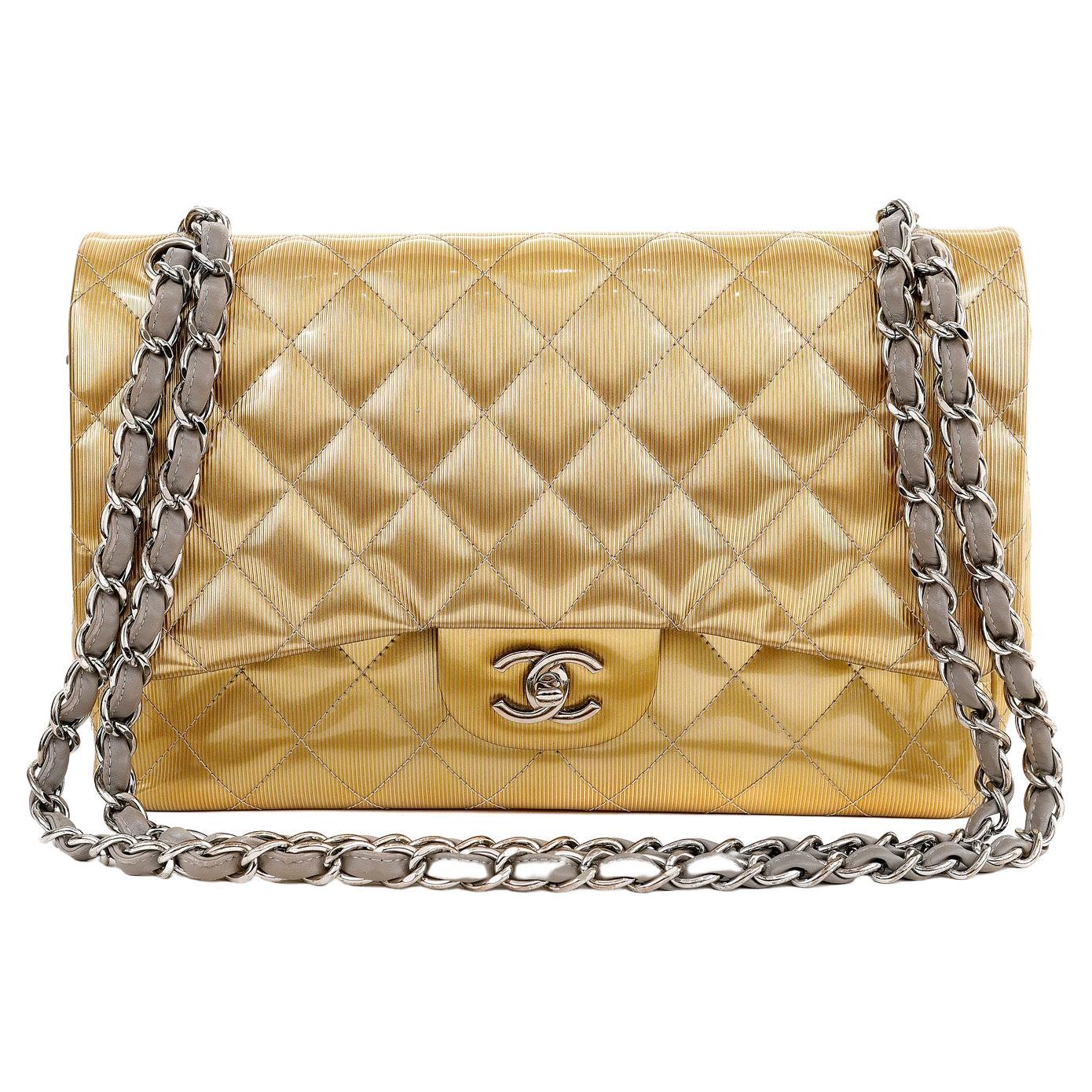 Chanel Gold Patent Leather Jumbo Classic Flap Bag For Sale