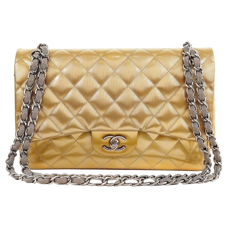 Chanel Gold Patent Leather Jumbo Classic Flap Bag For Sale at