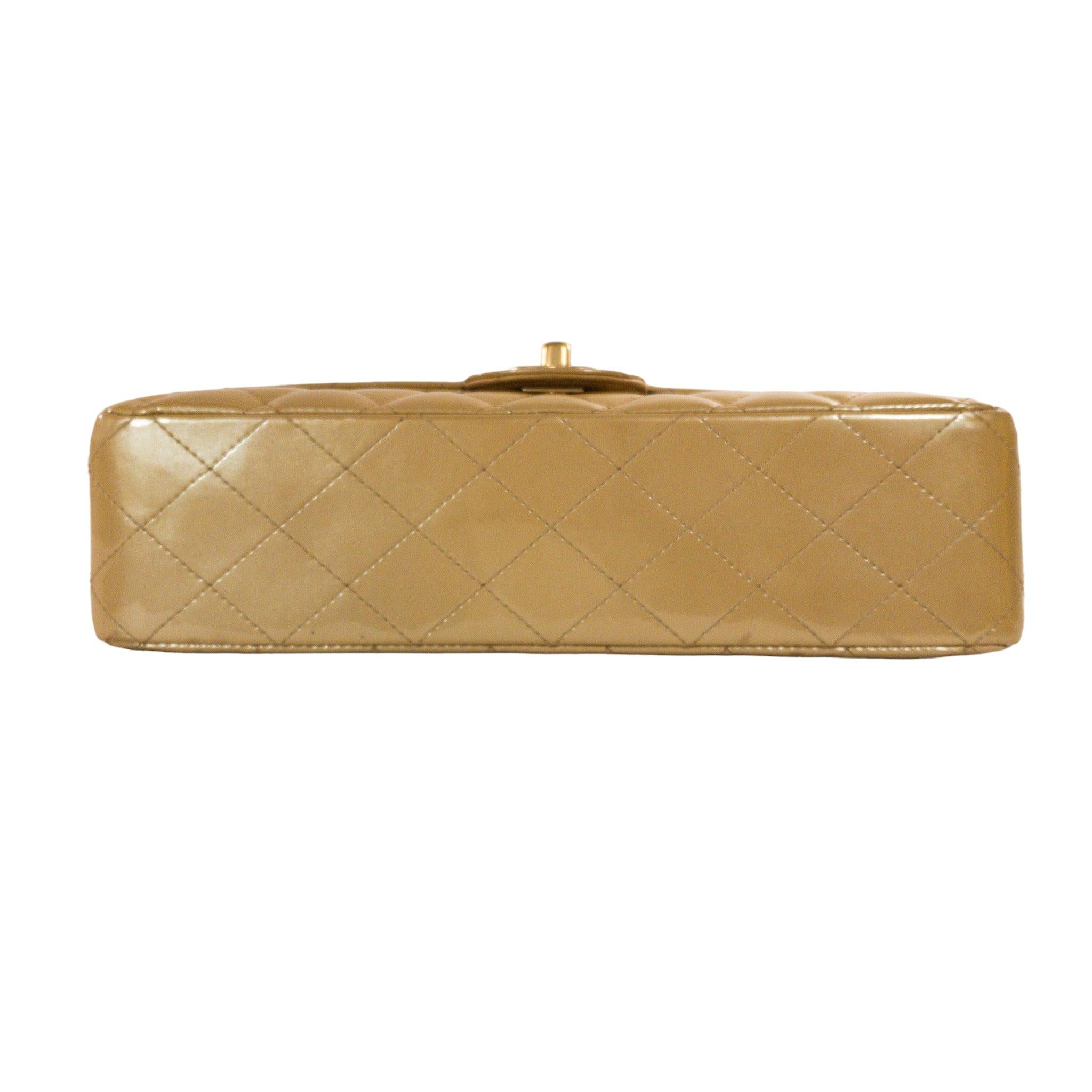 Brown Chanel Gold Patent Medium Flap Gold Hardware For Sale