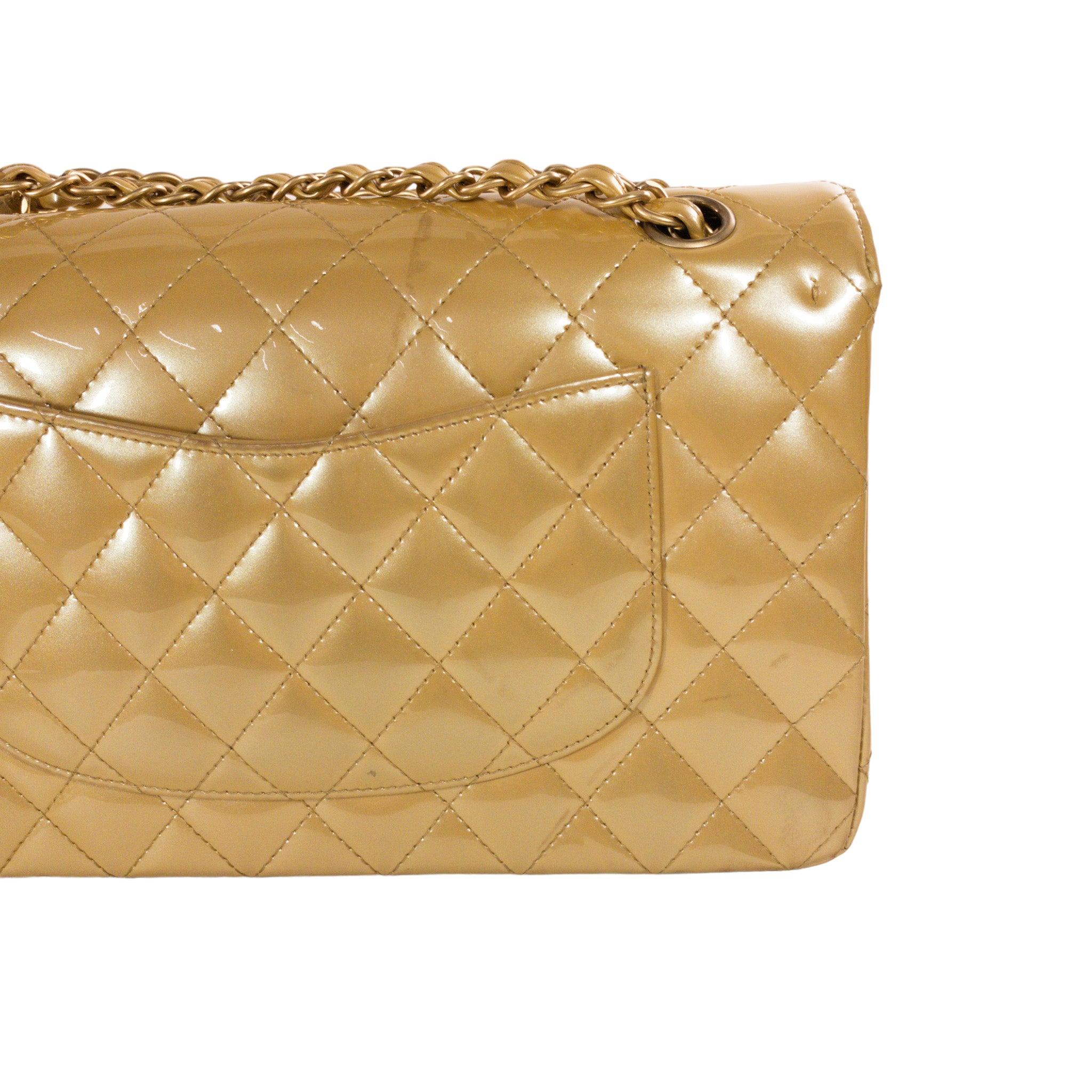 Chanel Gold Patent Medium Flap Gold Hardware For Sale 2