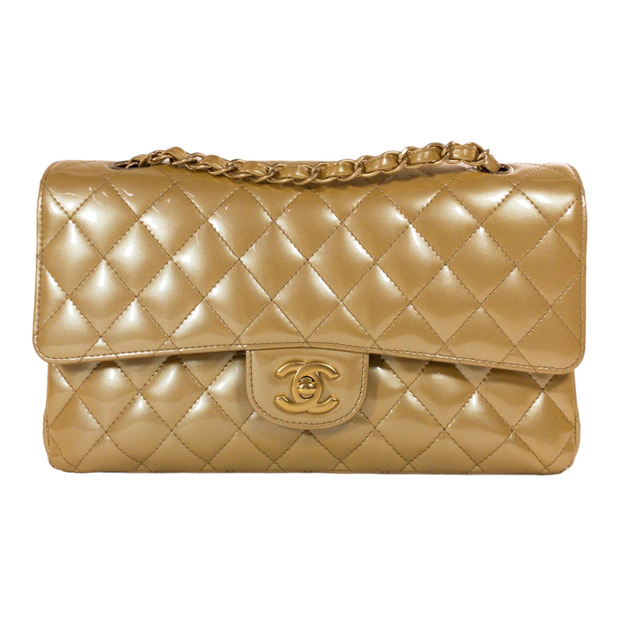 Chanel Gold Patent Medium Flap Gold Hardware For Sale