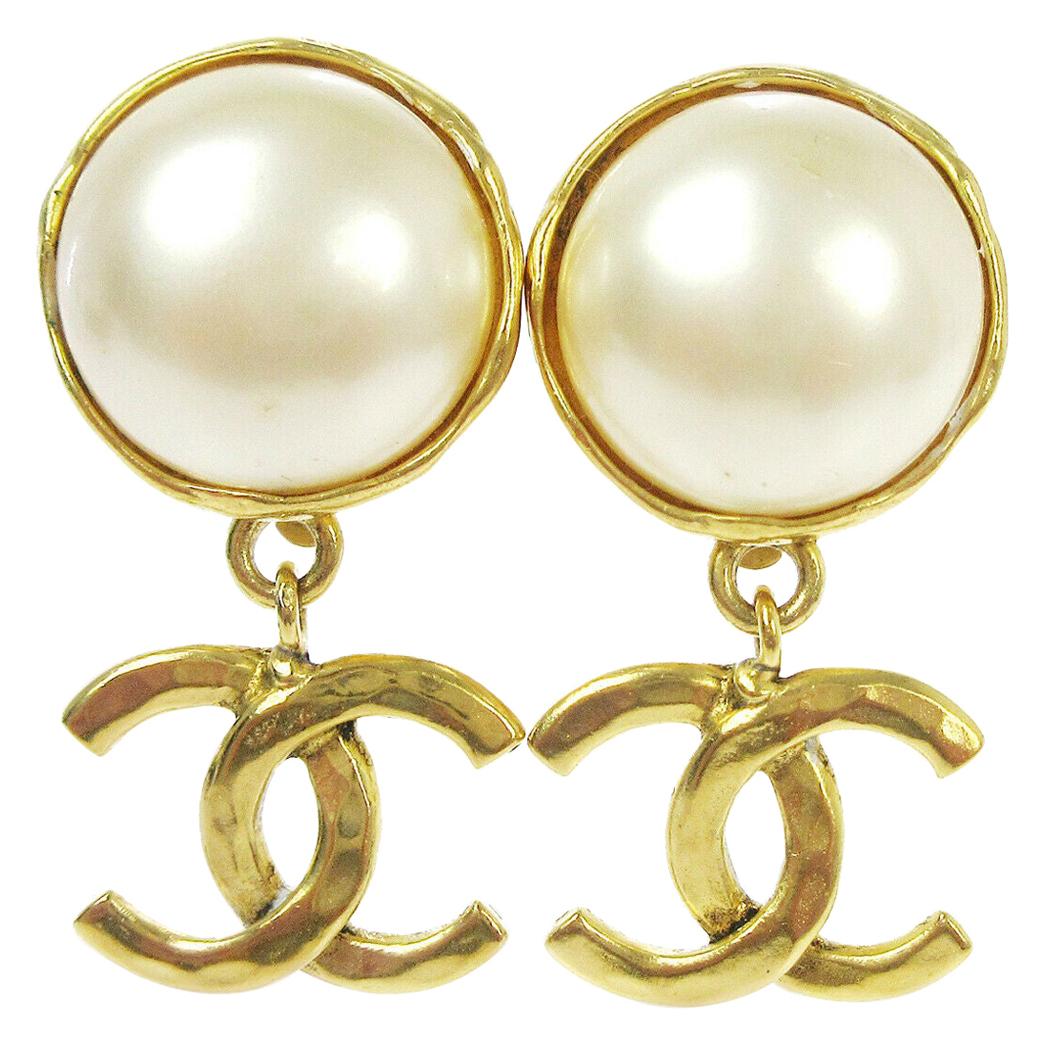 Chanel Gold Pearl Charm CC Round Evening Dangle Drop Earrings at