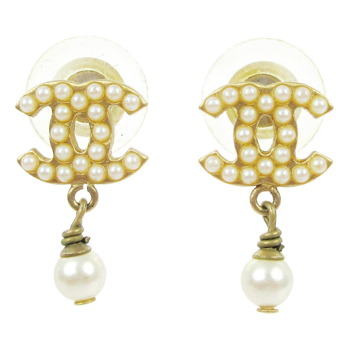 Chanel Gold Pearl Charm CC Small Pierced Evening Dangle Drop Earrings