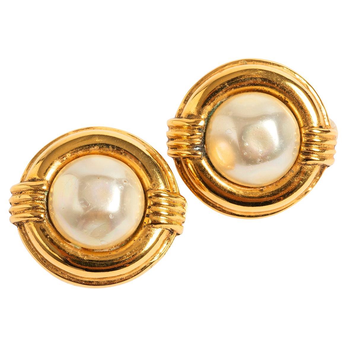 Chanel Gold & Pearl Clip On Earrings, Season 24, 1984 . By Victoire d Castellane For Sale