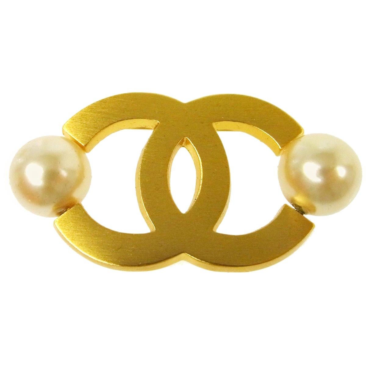 Chanel Gold Pearl Double Charm Lapel Evening Pin Brooch in Box
