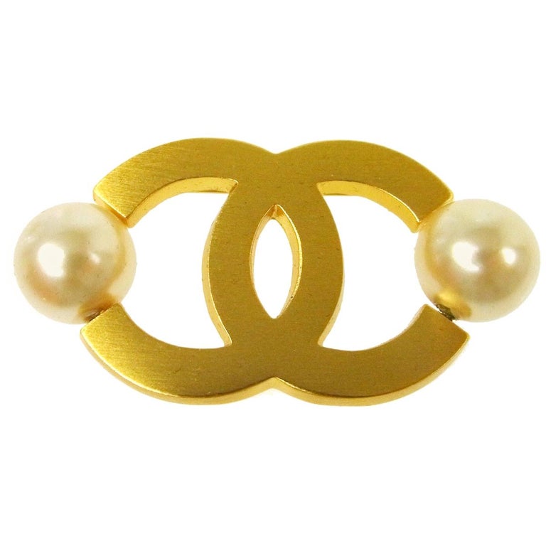 Chanel Gold Pearl Double Charm Lapel Evening Pin Brooch in Box For Sale