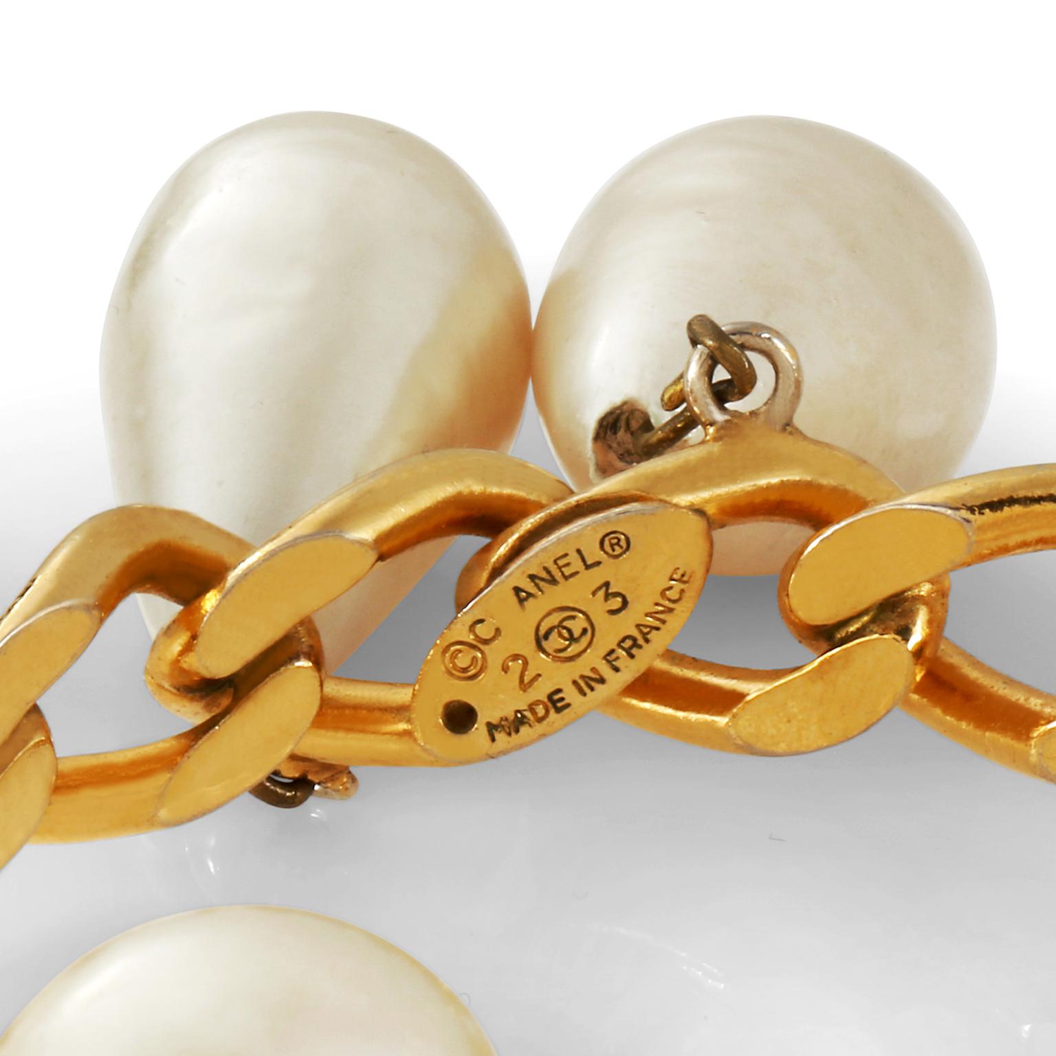 Chanel Gold Pearl Drop Cuff Bracelet In Good Condition For Sale In Palm Beach, FL