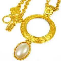 Chanel Gold Pearl Glass Mirror Long Chain Link Evening Statement Necklace in Box