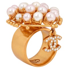 Chanel Gold Pearl Heart Ring with CC Charm size 6