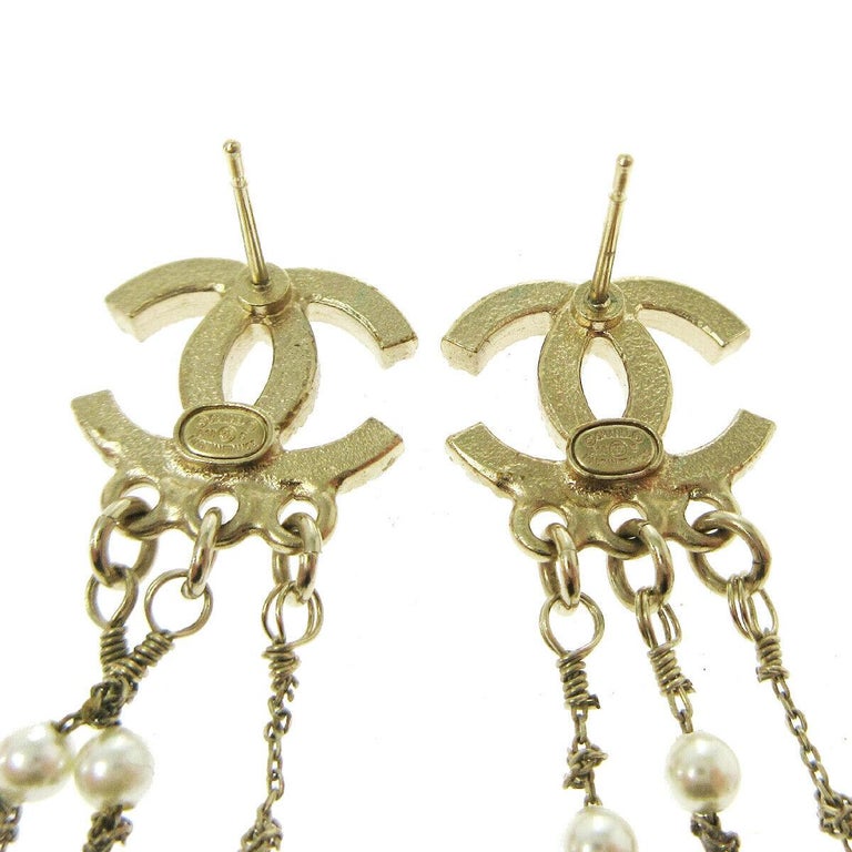 Chanel Gold Pearl Metal Chain Logo Charm Evening Dangle Drop Earrings ...