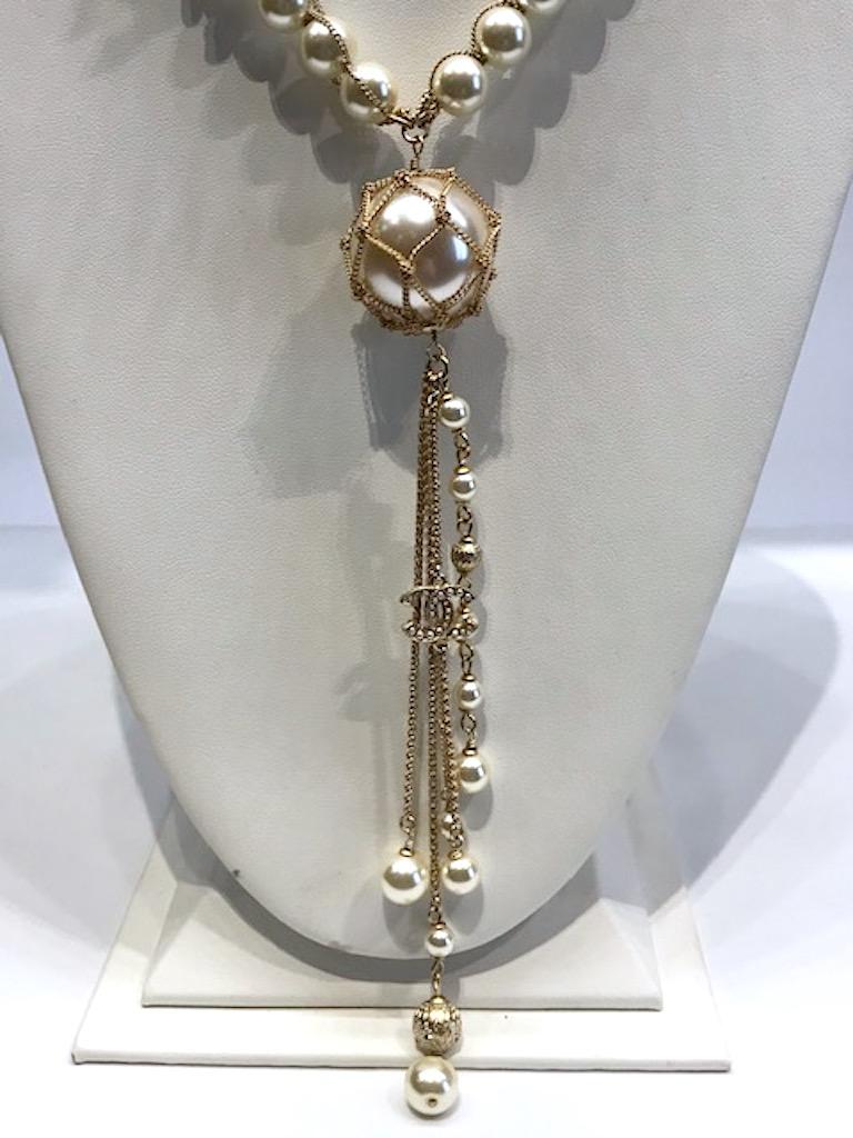 Chanel Gold & Pearl Tassel Pendant Necklace, 2019 Cruise Collection In Excellent Condition In New York, NY
