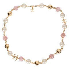 CHANEL gold pearly white pink 25K PEARL & BEADS LONG Necklace